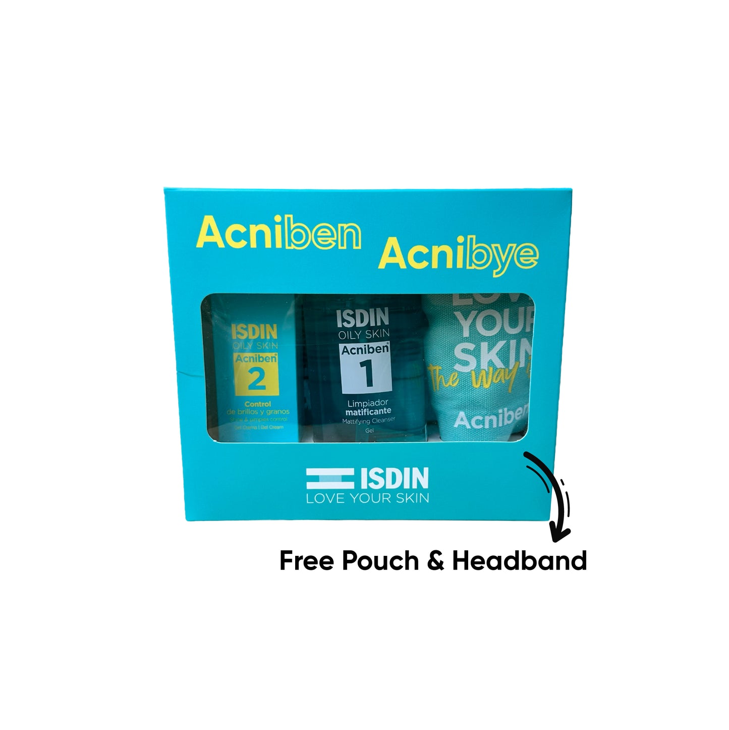 Isdin Acniben 1 - Mattifying Cleanser Gel 400 ML + Isdin Acniben 2 Shine & Pimples Control 40 ML + Gifts: Blue Headband + Pouch
