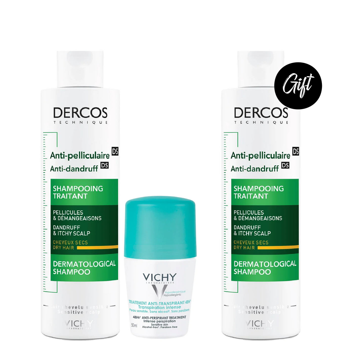 Vichy Dercos Anti Dandruff Shampoo for Dry hair 200ml+Vichy 48Hours Anti Perspirant Deodorant Intensive Treatment 50ml+ Gift: Dercos Anti Dandruff Shampoo for Dry hair 200ml
