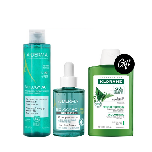 A-Derma Biology-Ac Purifying Foaming Gel 200ML + A-derma Biology AC Night-Peel New Skin Serum 30 ML + Gift: Klorane Gentle Shampoo with Nettle 200 ML