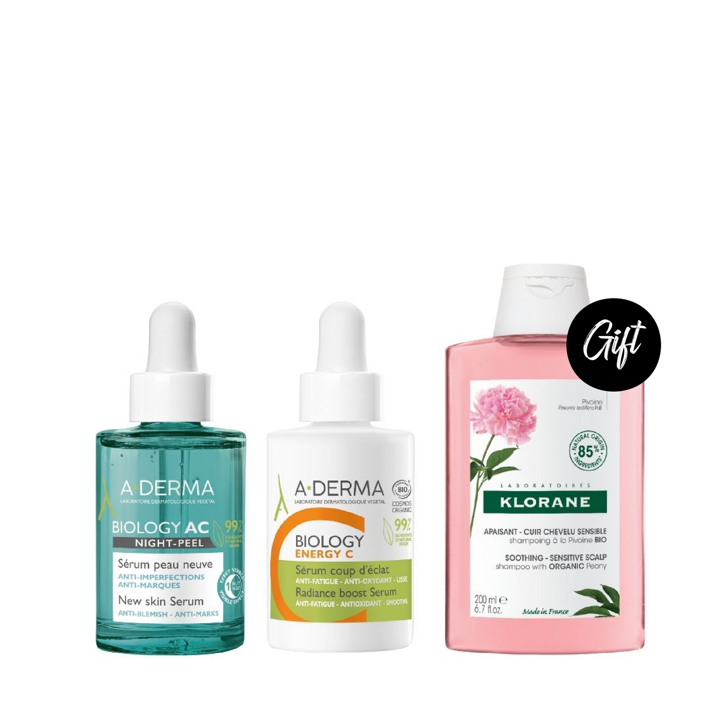A-derma Biology AC Night-Peel New Skin Serum 30 ML + A-Derma Biology Energy C Stabilized Vitamin C Serum 30 ML + Gift: Klorane Soothing Peony Shampoo 200ML