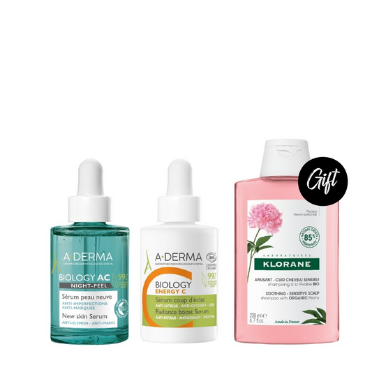 A-derma Biology AC Night-Peel New Skin Serum 30 ML + A-Derma Biology Energy C Stabilized Vitamin C Serum 30 ML + Gift: Klorane Soothing Peony Shampoo 200ML