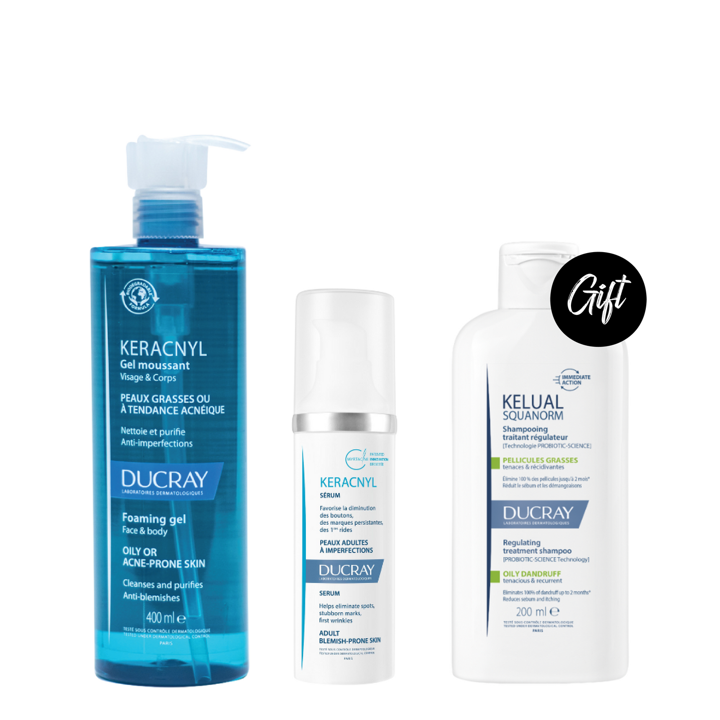 Ducray Keracnyl Foaming Gel 400ML + Ducray Keracnyl Serum 30ML + Gift: Ducray Squanorm Anti-Dandruff Treatment Shampoo - Oily Dandruff 200ML