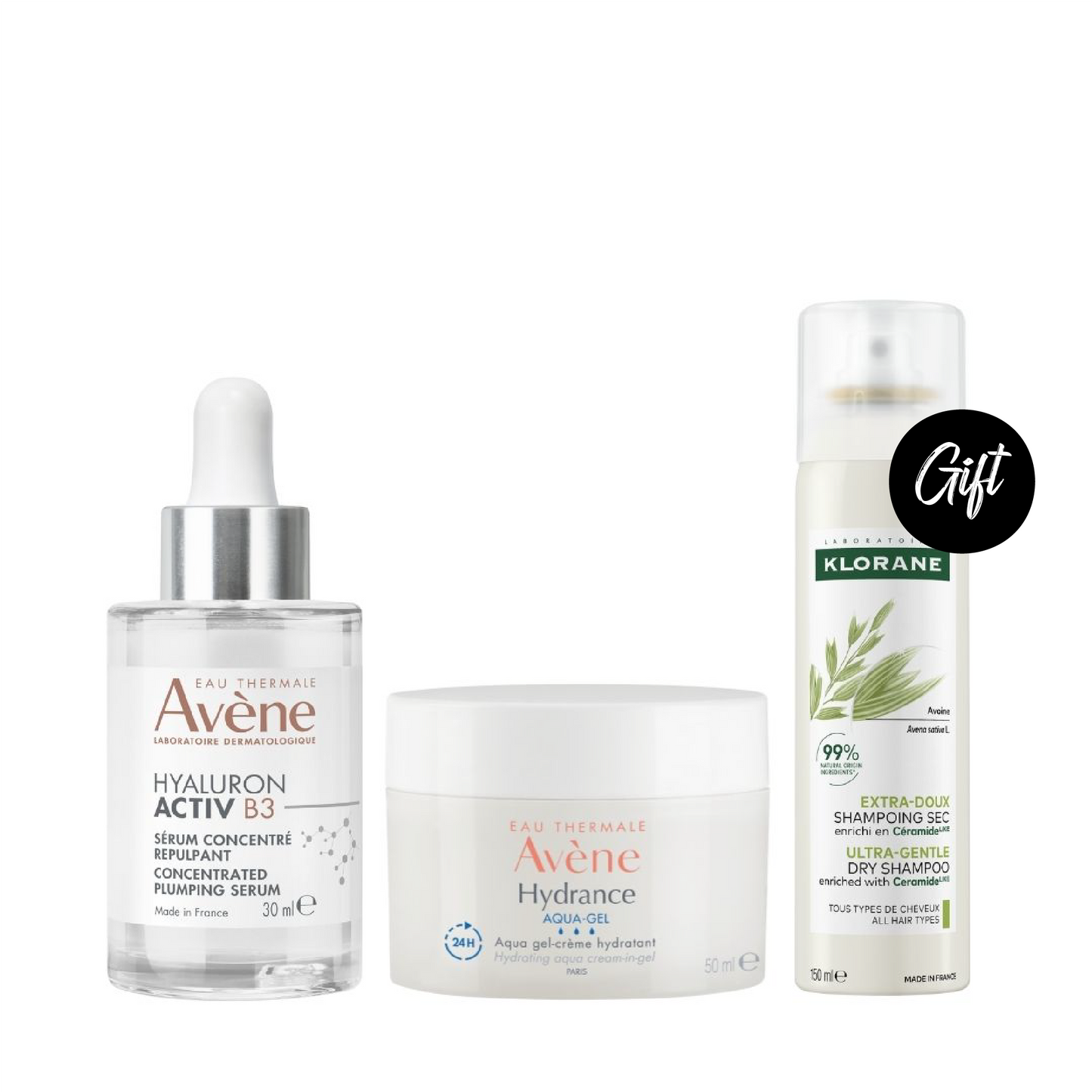 Avene Hyaluron Activ B3 Concentrated Plumping Serum 30ML + Avene Hydrance Aqua-Gel Hydrating Aqua Cream-in-Gel 50ML + Gift: Klorane Dry Shampoo with Extract 150ML