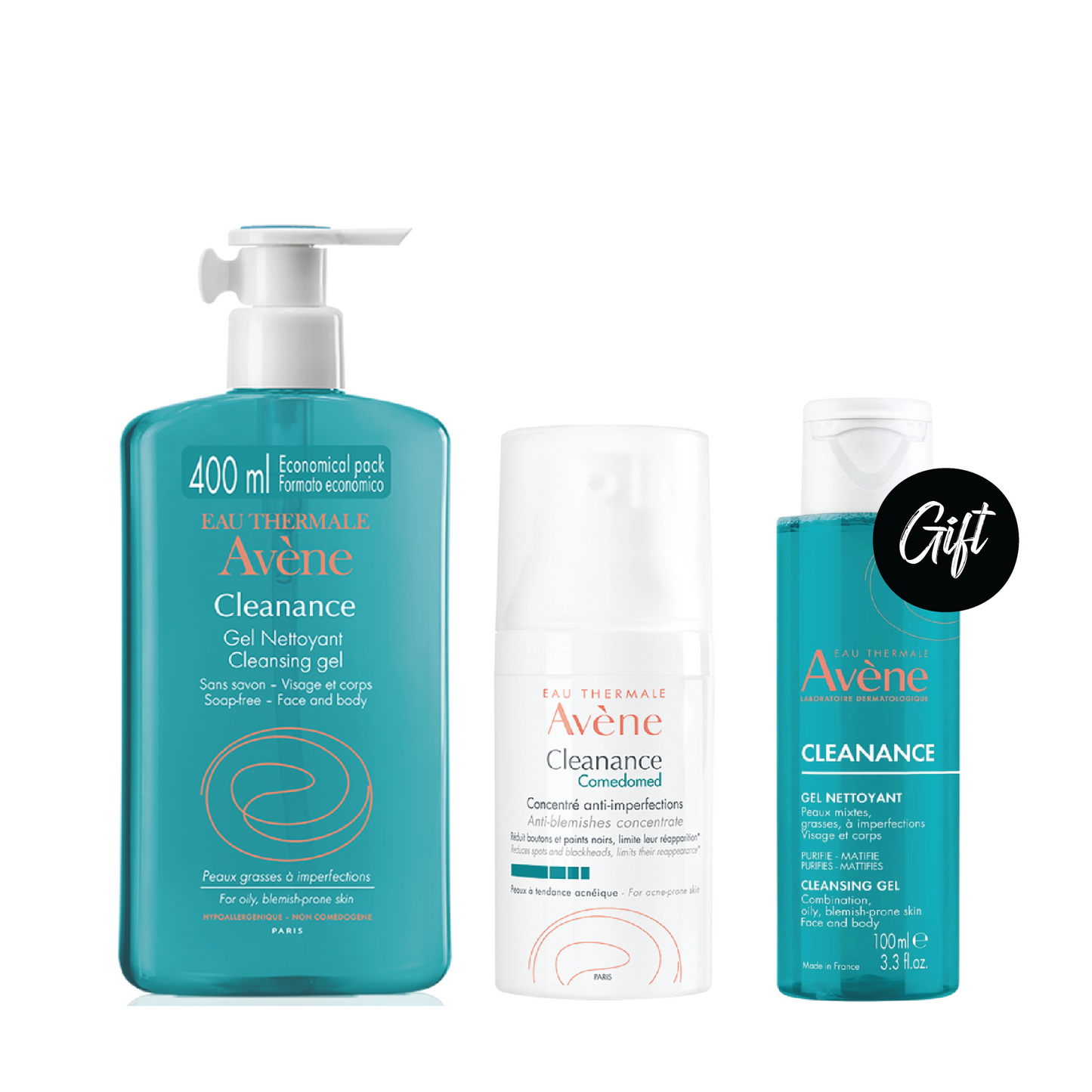 Avène Cleanance Cleansing Gel-400ML +Comedomed Anti-Blemish Concentrate +Gift: Avène Cleanance Cleansing Gel-100ML