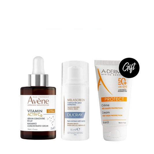 Avene Vitamin Activ CG Radiance Correcting Serum 30ML + Ducray Melascreen Eye Contour 15ML + Gift: A-Derma Protect Cream Spf 50+ 40ML