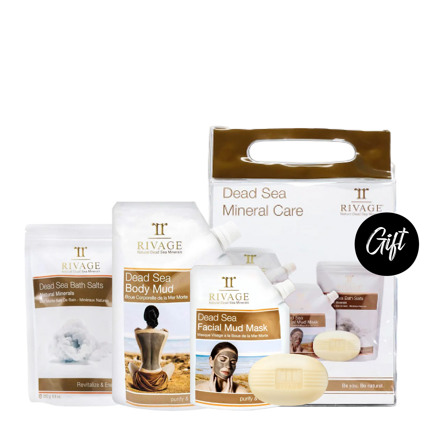 Rivage Natural Dead Sea Salt - 250g + Rivage Dead Sea Body Mud Mask – 500g + Rivage Dead Sea Facial Mud Mask – 200g + Rivage Mineral Soap – 100g + Gift: Bag