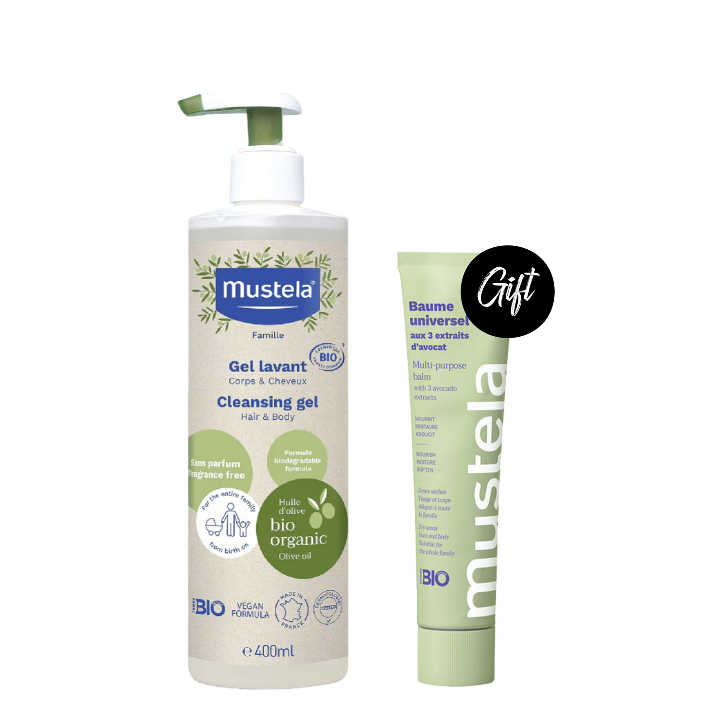 Mustela Certified Organic Cleansing Gel Body & Hair 400 ML + Gift: Mustela Certified Organic Multi-Purpose Balm 75 ML