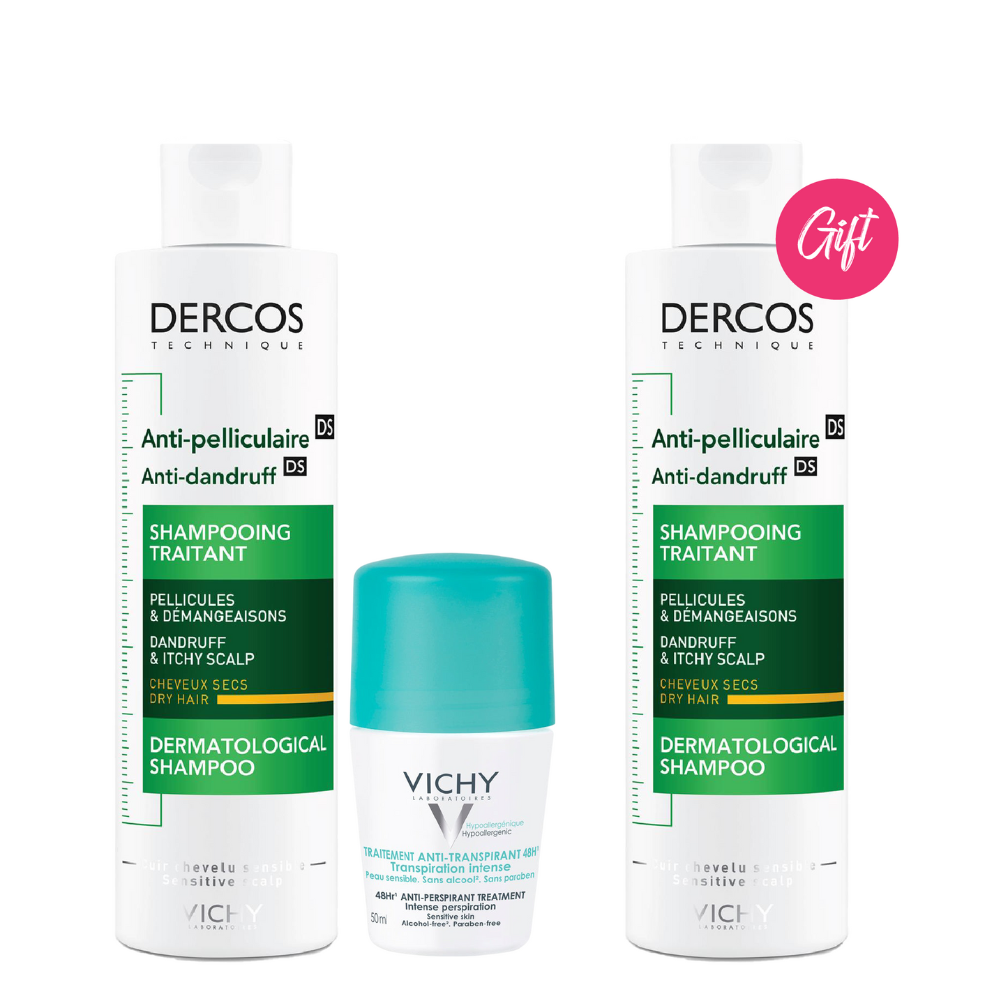 Vichy Dercos Anti Dandruff Shampoo for Dry hair 200ml+Vichy 48Hours Anti Perspirant Deodorant Intensive Treatment 50ml+ Gift: Dercos Anti Dandruff Shampoo for Dry hair 200ml