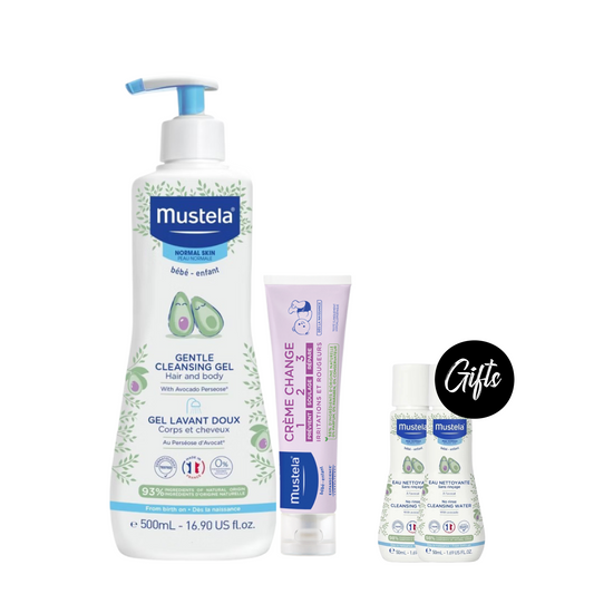 Mustela Gentle Cleansing Gel 500 ML + Mustela Vitamin Barrier Cream 50 ML + Gift: Mustela No-Rinse Cleansing Water 50 ML (x2)