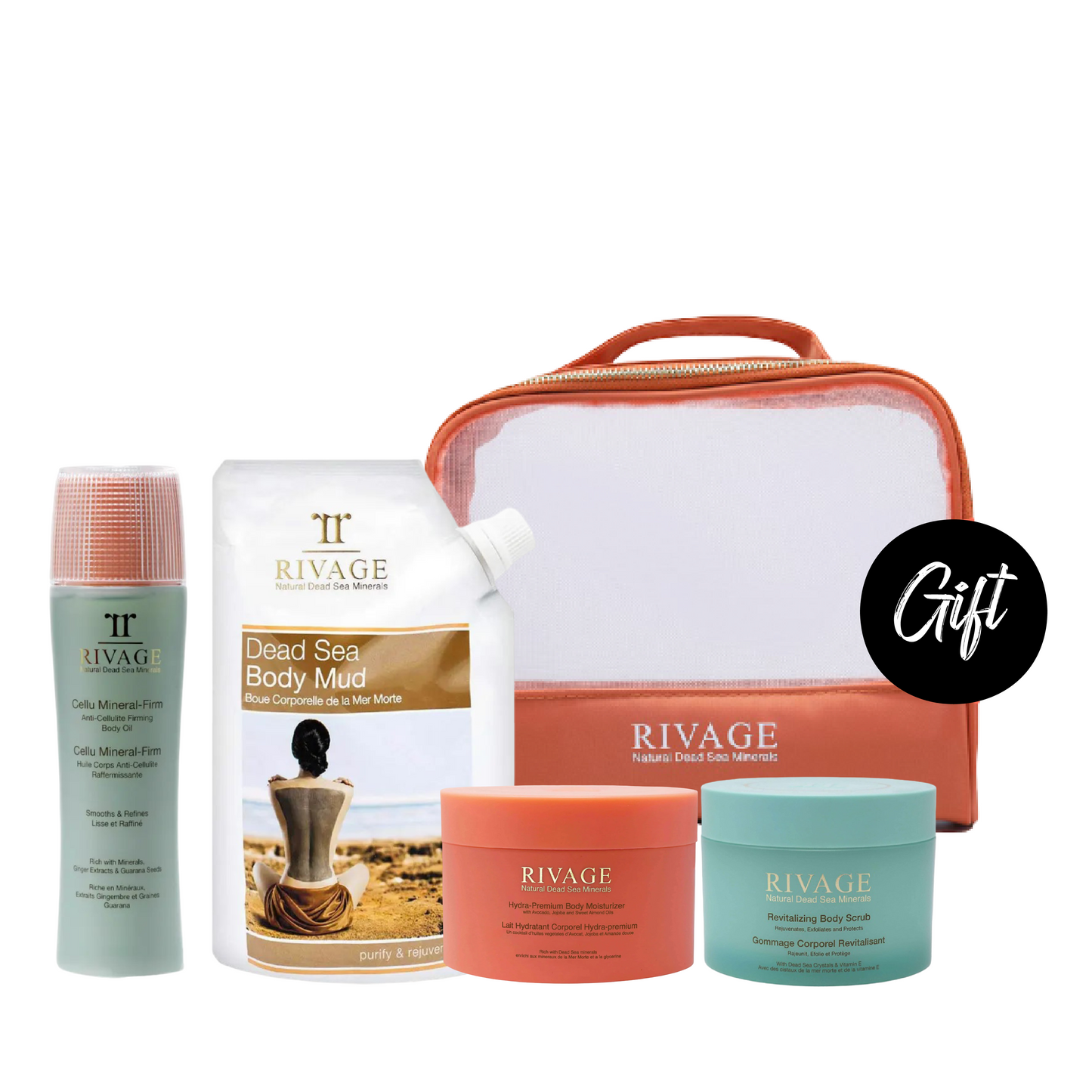 Rivage Anti-Cellulite Firming Body Oil – 145 ML + Rivage Dead Sea Body Mud Mask – 500g + Rivage Hydra-Premium Body Moisturizer 200 ML + Rivage Revitalizing Body Scrub 250 ML + Gift: Pouch