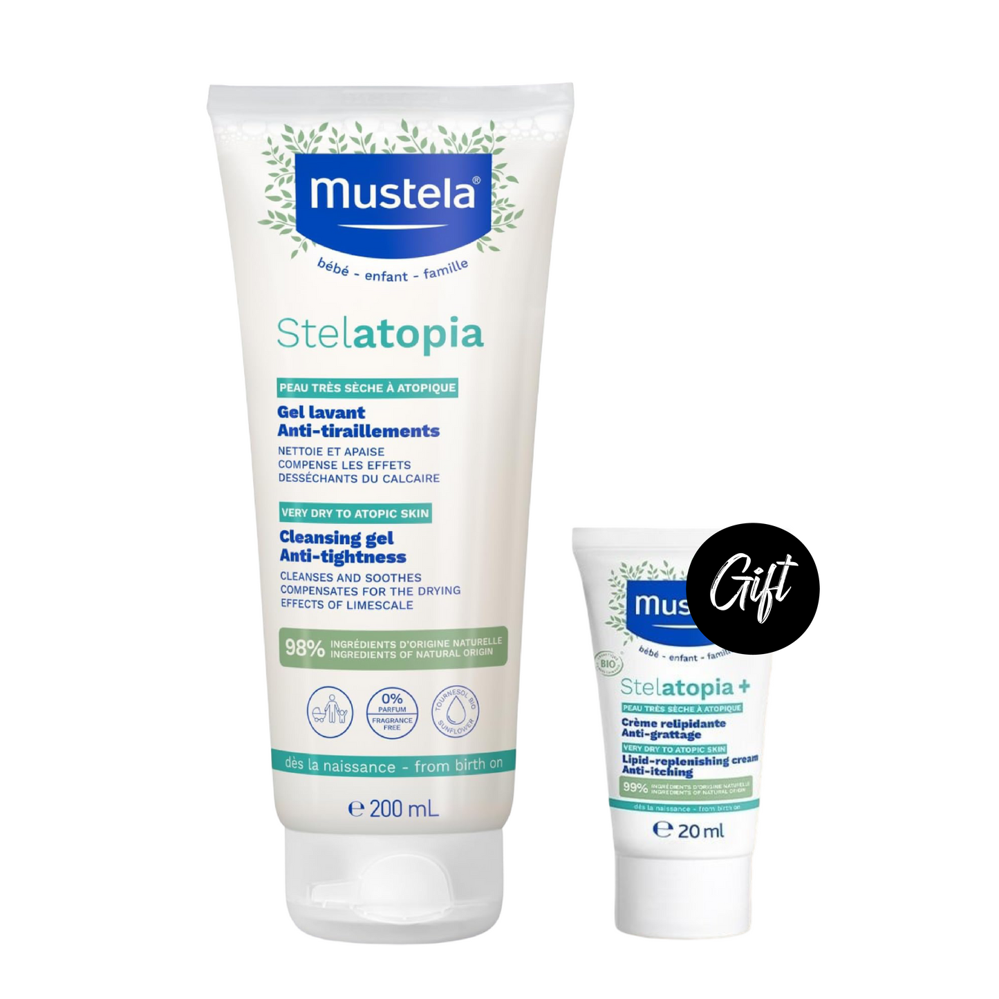 Mustela Stelatopia Cleansing Gel 200ML + Gift: Mustela Stelatopia+ Lipid-Replenishing Cream Travel Size