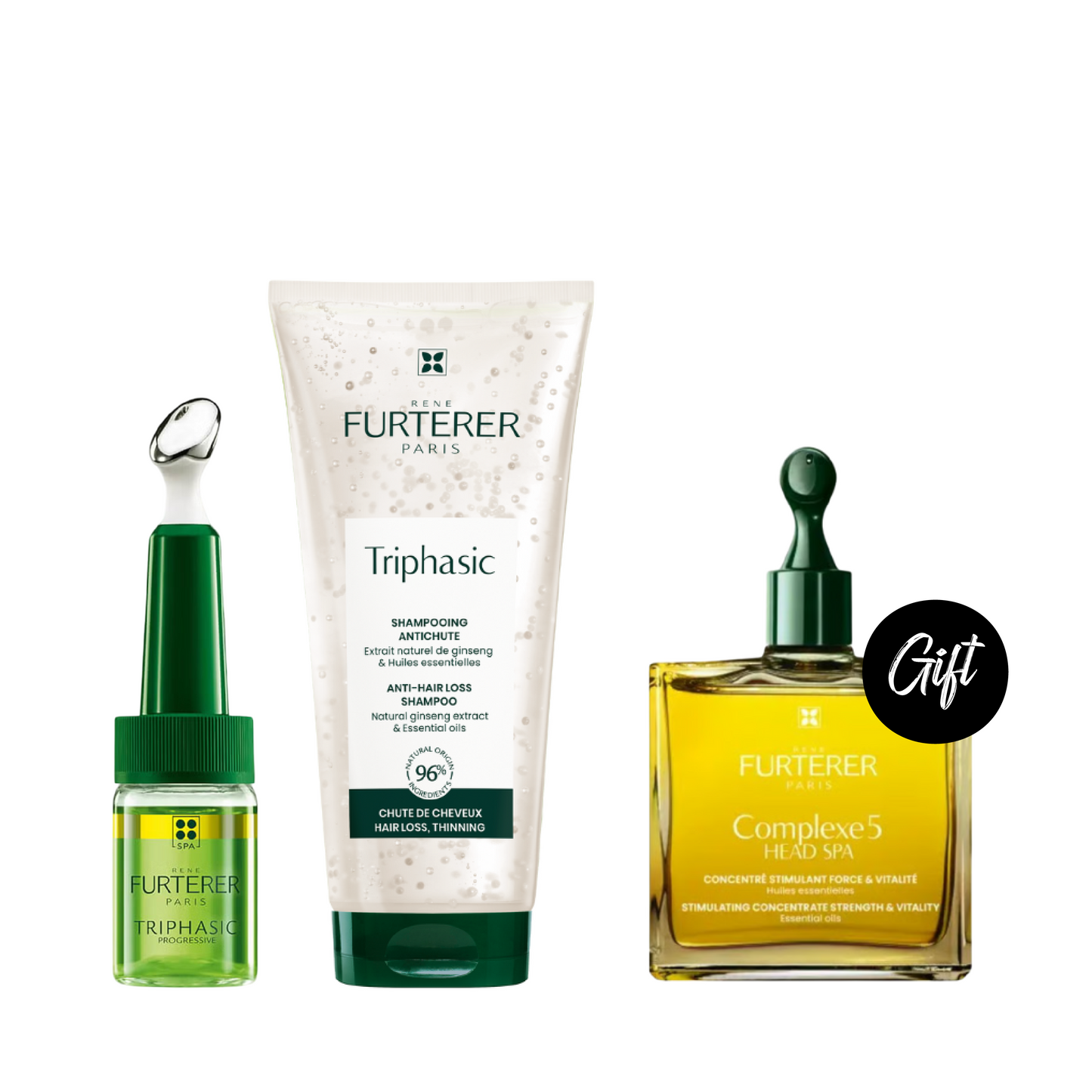 Rene Furterer Triphasic Stimulating Shampoo-200ML + Rene Furterer Triphasic ATP Intensif Anti-Hair Loss Ritual Regenerating Serum 8*5.5 ML + Gift: Rene Furterer Complex 5 Strength & Vitality Stimulating Concentrate 50 ML