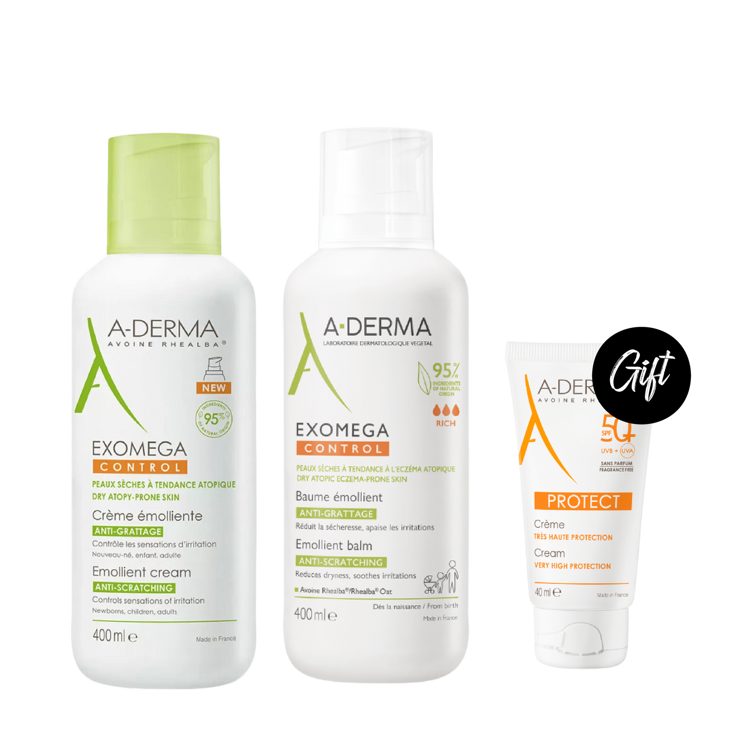 A-Derma Exomega Control Anti-Itch Emollient Cream 400 ML + A-derma Exomega Control Emollient Balm 400 ML + Gift: A-Derma Protect Cream Spf 50+ Fragrance-Free 40ML