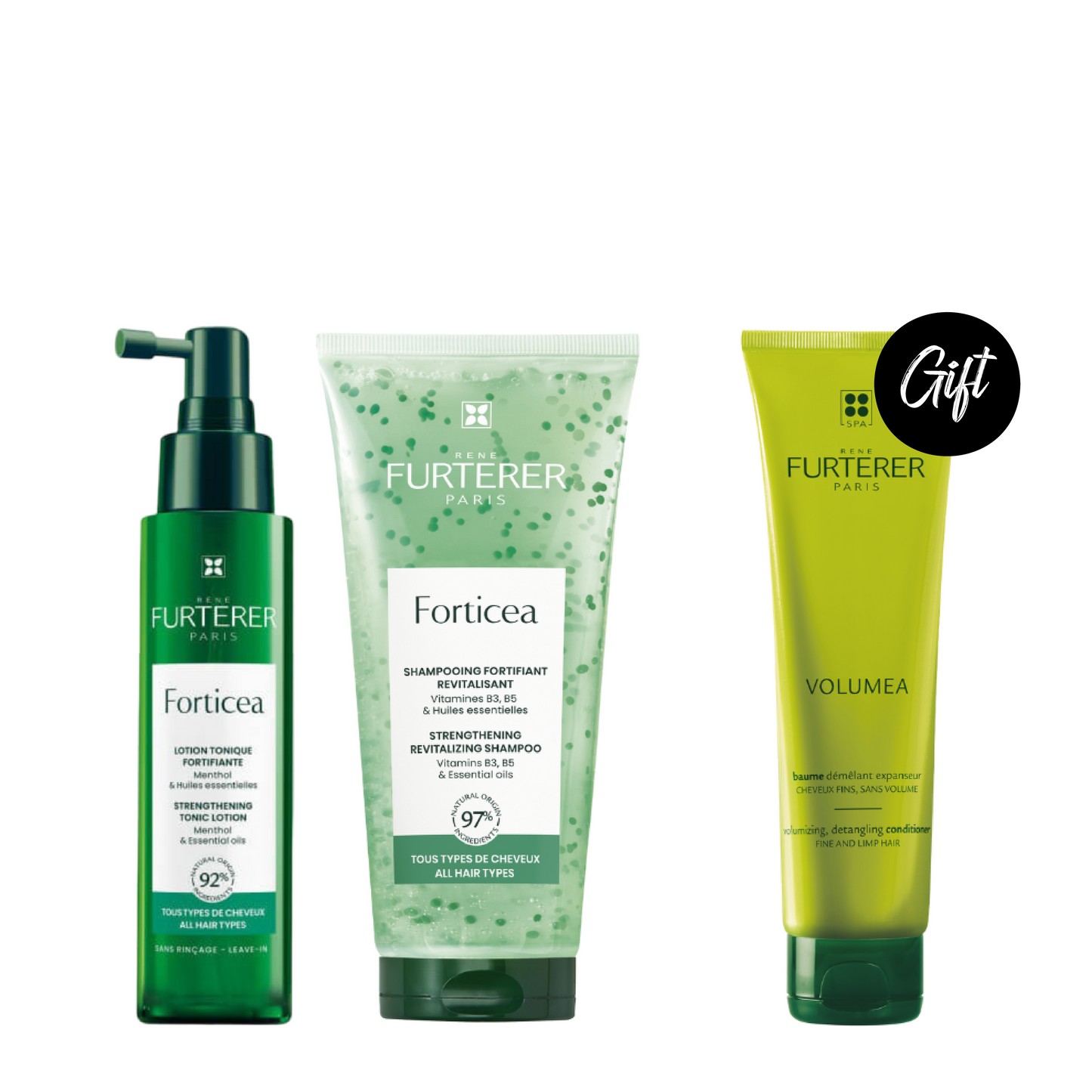 Rene Furterer Forticea Energizing Shampoo 200 ML + Rene Furterer Forticea Fortifying Energizing Lotion 100 ML + Gift: Rene Furterer Volumea Volumizing Detangling Conditioner 150ML