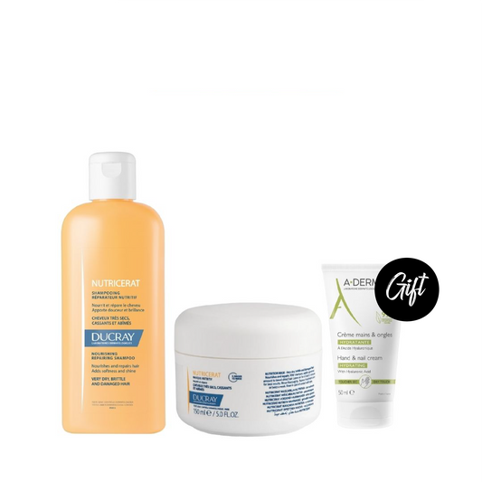 Ducray Nutricerat Nourishing Repairing Shampoo 200ML + Ducray Nutricerat Nutrition Mask 150ML + Gift: A-Derma Oat Rhealba Hand & Nails Cream 50 ML