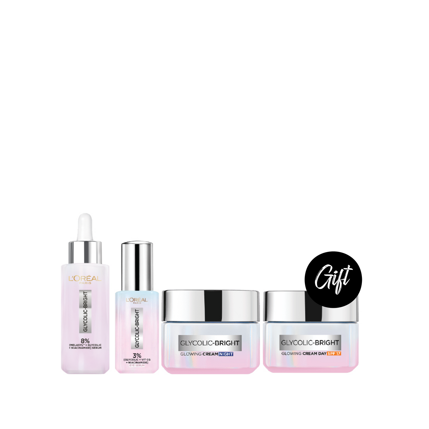 L’Oreal Paris Glycolic Bright Brightening Anti Dark Spot Serum 30 ML + Eye Serum 20 ML + Glowing Cream Night 50 ML + Gift: Glowing Day Cream SPF30 – 50 ML
