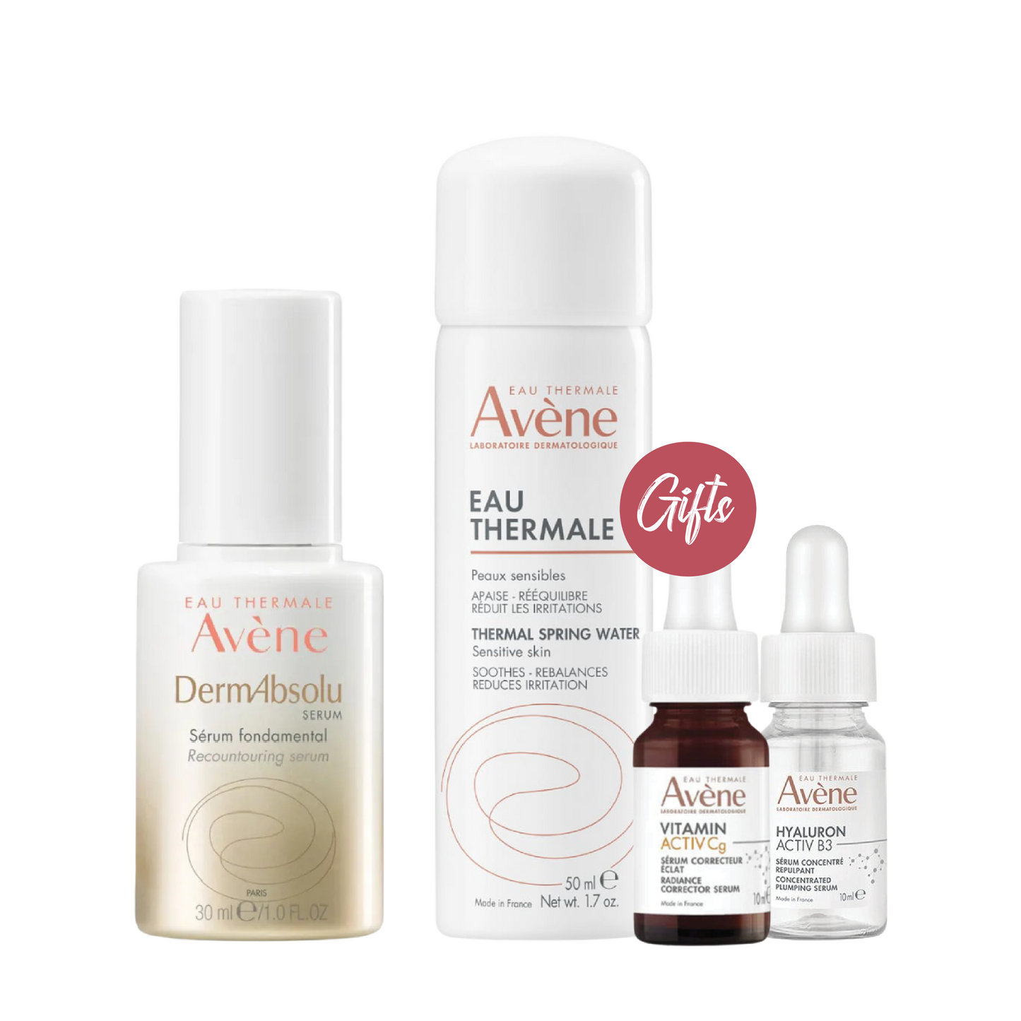 Avène DermAbsolu Recontouring Serum 30 ML (Exp:12/25) + Gifts: Avène Thermal Spring Water Spray 50 ML + Avène Radiance Vitamin Activ Cg Corrector Serum 10 ML + Avène Hyaluron Activ B3 Concentrated Plumping Serum 10 ML