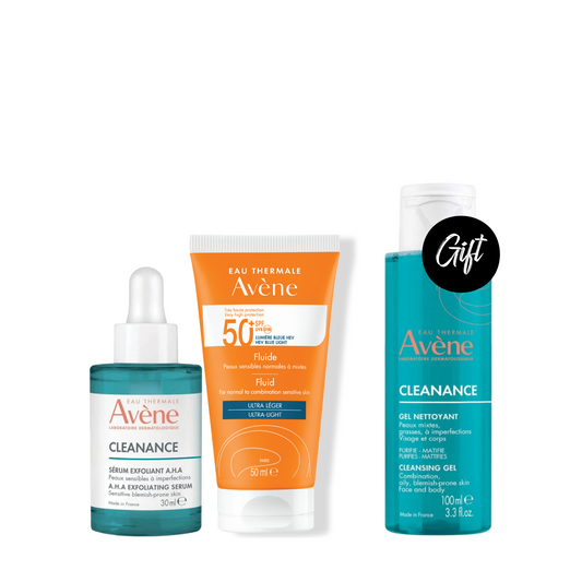 Avene Cleanance Exfoliating AHA Serum 30ML + Avene Fluid Very High Protection Fragrance Free SPF 50+ 50ML + Gift: Avene Cleanance Gel 100 ML