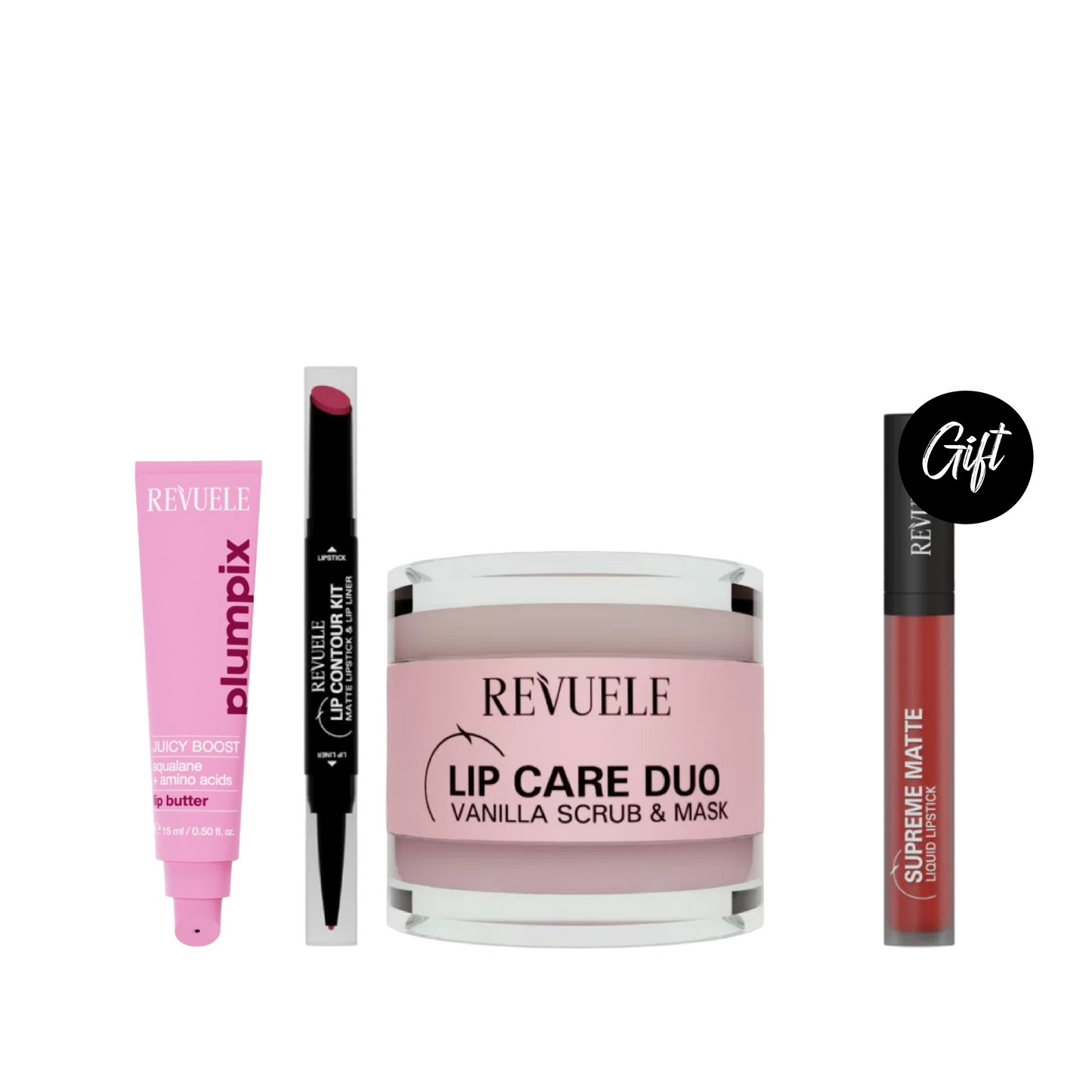 Revuele Juicy Boost Lip Butter 15 ML + Revuele Matte Lipstick And Lip Liner Shade 03+ Revuele Lip Scrub Mask Vanilla + Gift: Revuele Lipstick Matte Shade 24