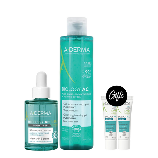 A-derma Biology AC Night-Peel New Skin Serum 30 ML + A-Derma Biology-Ac Purifying Foaming Gel 200ML + Gifts: A-Derma Phys-Ac Perfect Anti Blemish Fluid 5 ML (x2)