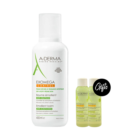 A-Derma Exomega Control Anti-Itch Emollient Balm 400 ML + Gift: A-Derma Exomega Control Emollient Shower Oil 25 ML (x2)