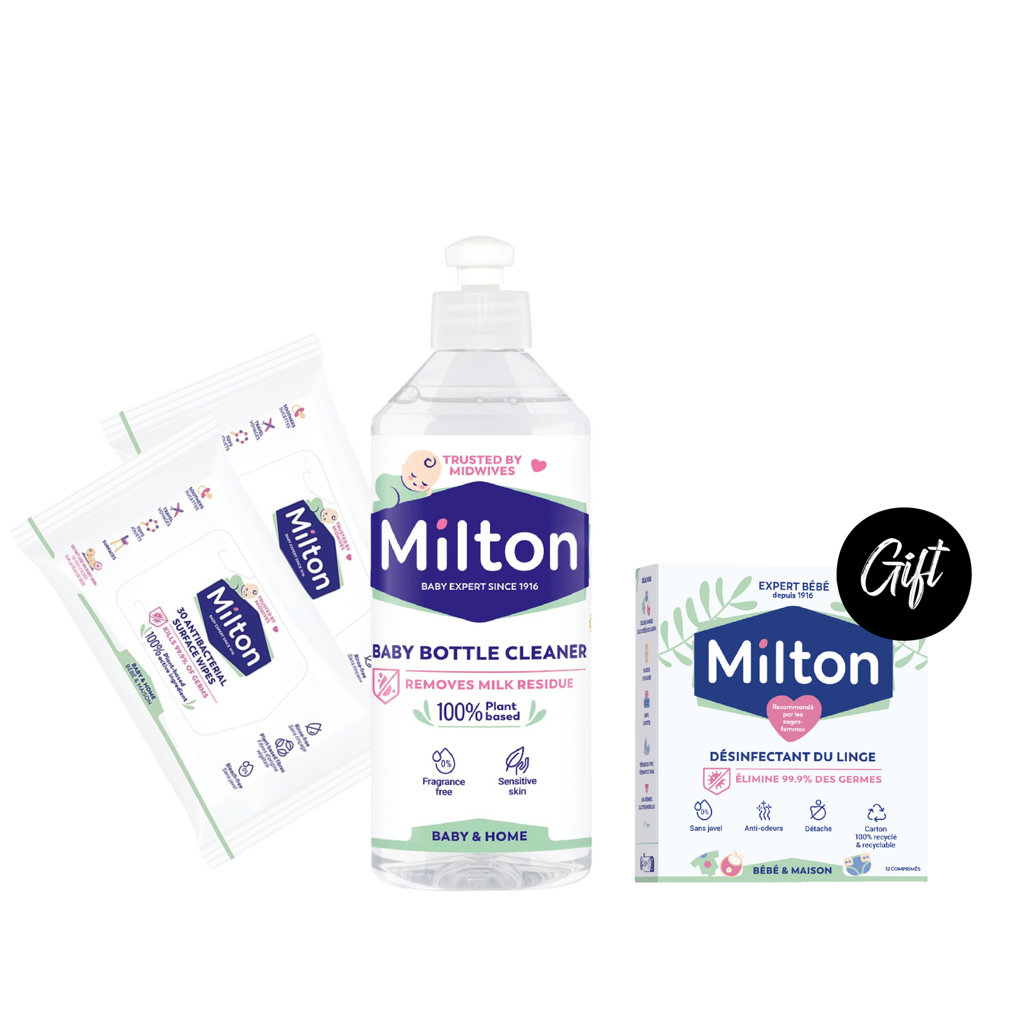 Milton Antibacterial Surface Wipes (x2) + Milton Baby Bottle Cleaner - 500ML + Gift: Milton Antibacterial Laundry Tablets - 12 Tablets