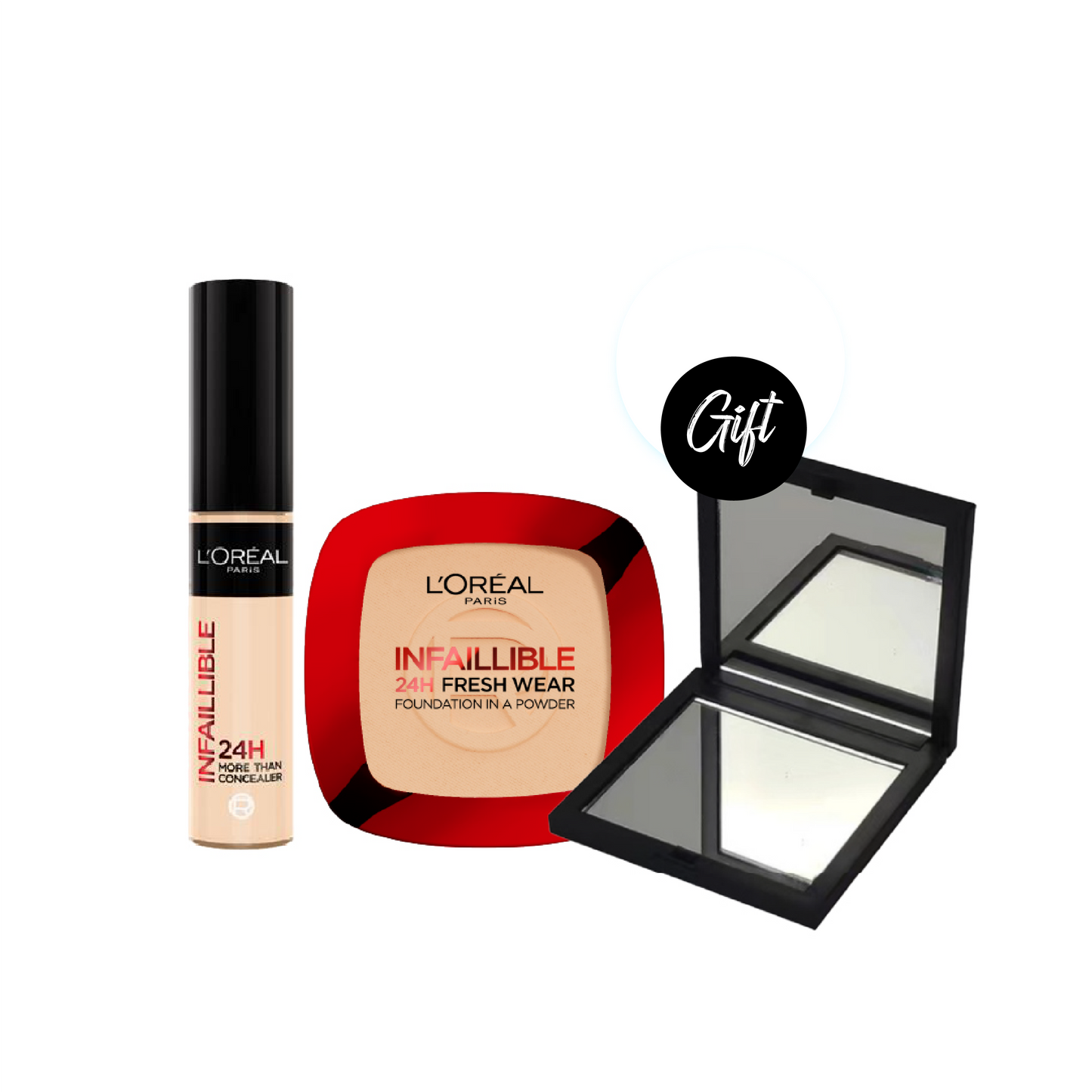L’Oréal Paris Infaillible Full Wear Concealer + L'Oréal Paris - 24H FreshWear Foundation in a Powder + Gift: Pocket Mirror