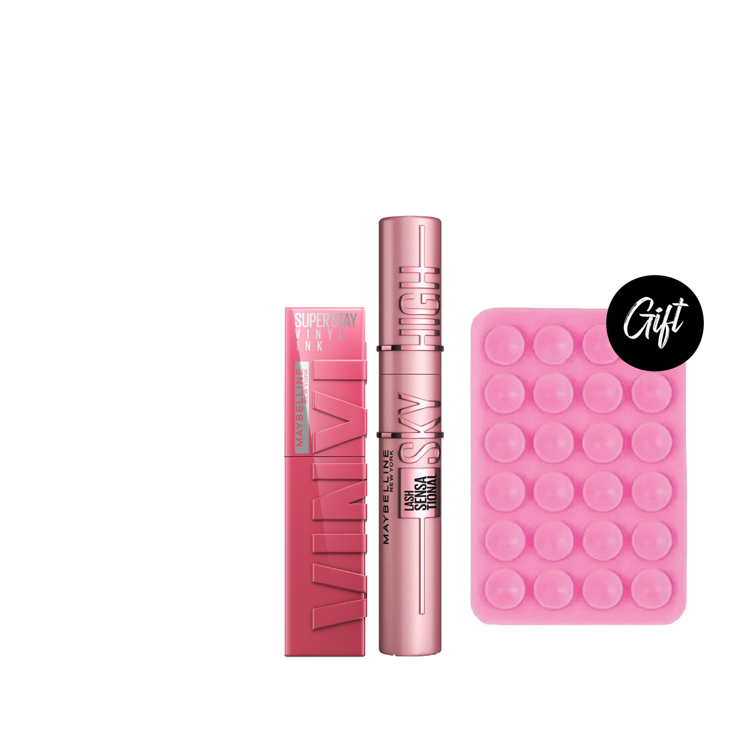 Maybelline Super Stay Vinyl Ink Long Wear Liquid Lip Color + Maybelline Sky High Mascara + Gift: Silicone Mobile Sticker