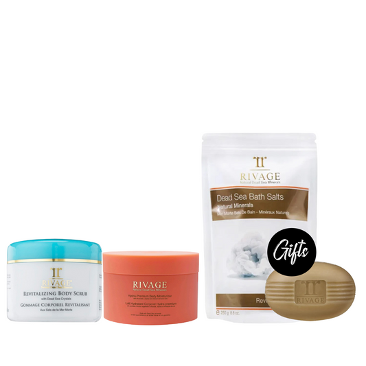 Rivage Revitalizing Body Scrub 250 ML + Rivage Hydra-Premium Body Moisturizer 200 ML + Gifts: Rivage Natural Dead Sea Salt - 250g + Rivage Black Mud Soap – 100g