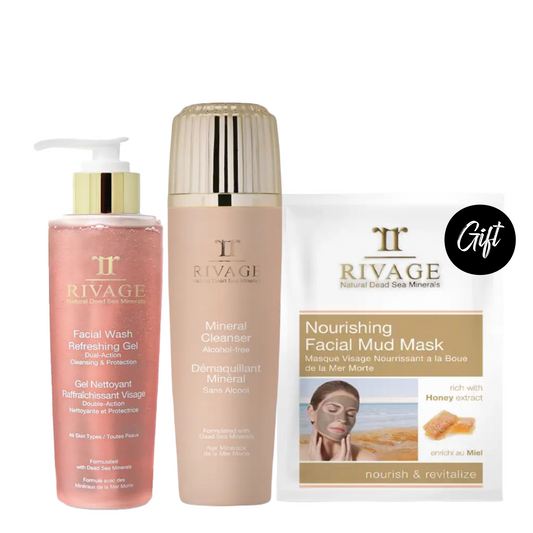 Rivage Facial Wash Refreshing Gel – Bottle 180ml + Rivage Mineral Cleanser / Démaquillant Minéral – 200ml + Gift: Rivage Dead Sea Nourishing Facial Mud Mask - Pack of 4 Sachets (25g X 4)