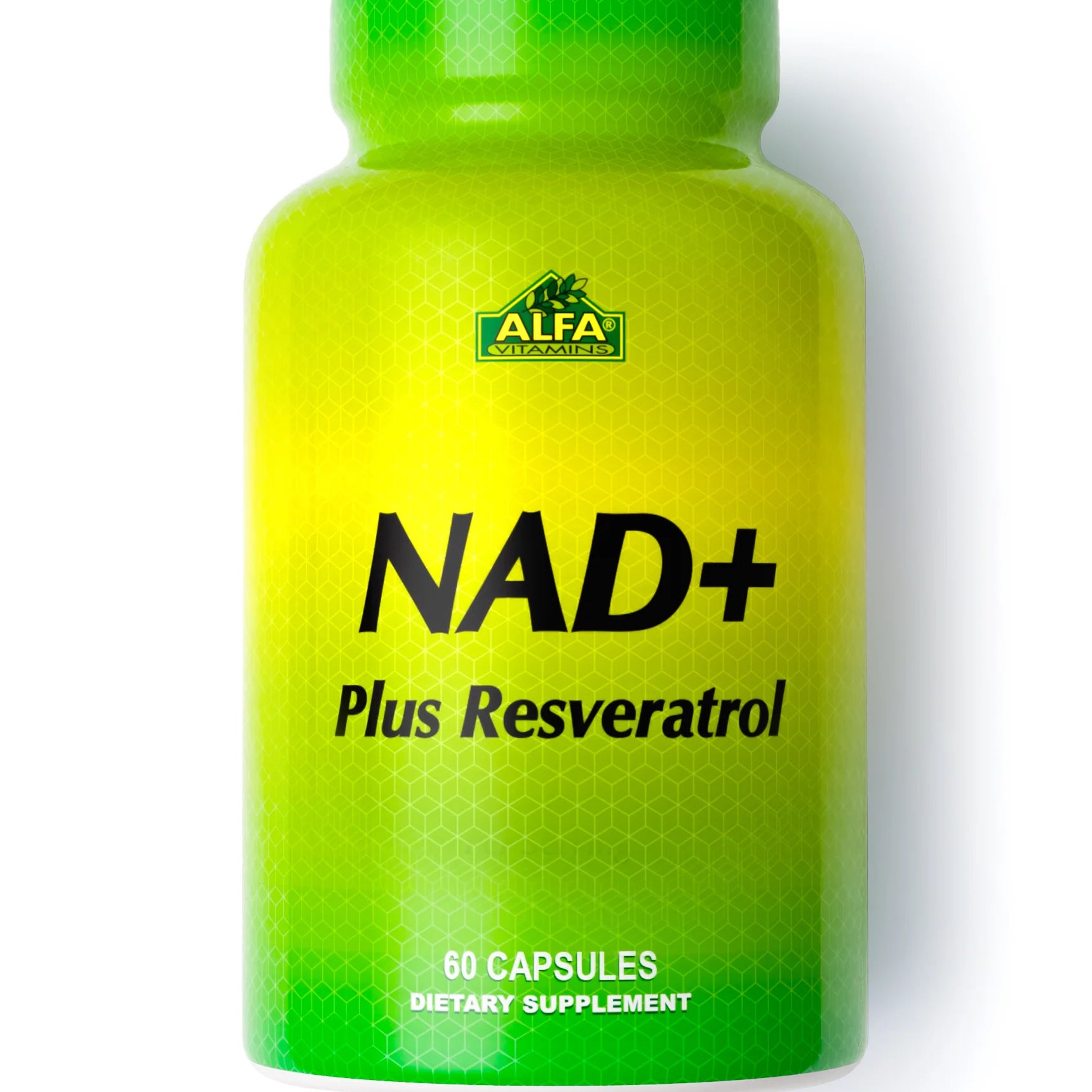 Green supplement bottle labeled 'NAD+ Plus Resveratrol' with ALFA Labs logo on a white background