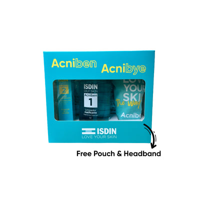 Isdin Acniben 1 - Mattifying Cleanser Gel 400 ML + Isdin Acniben 2 - Night Concentrate Anti-Blemish 27 ML + Gifts: Blue Headband + Pouch