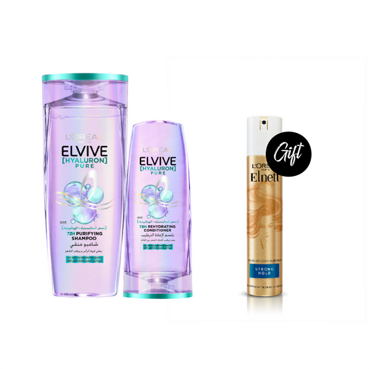 L’Oréal Paris Elvive Hyaluron Pure Purifying Shampoo 400 ML + L’Oréal Paris Elvive Hyaluron Pure Rehydrating Conditioner 200 ML + Gift: L'Oréal Paris Elnett Strong Hold Hair Spray 200 ML