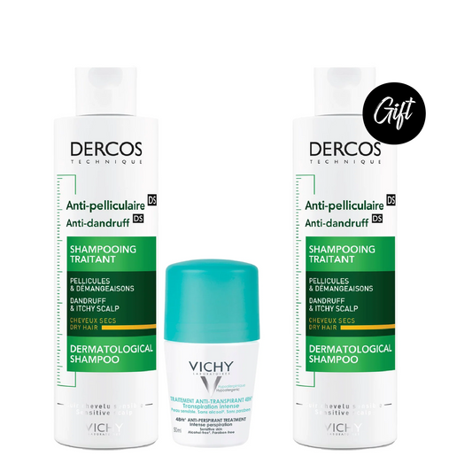 Vichy Dercos Anti Dandruff Shampoo for Dry hair 200ml+Vichy 48Hours Anti Perspirant Deodorant Intensive Treatment 50ml+ Gift: Dercos Anti Dandruff Shampoo for Dry hair 200ml