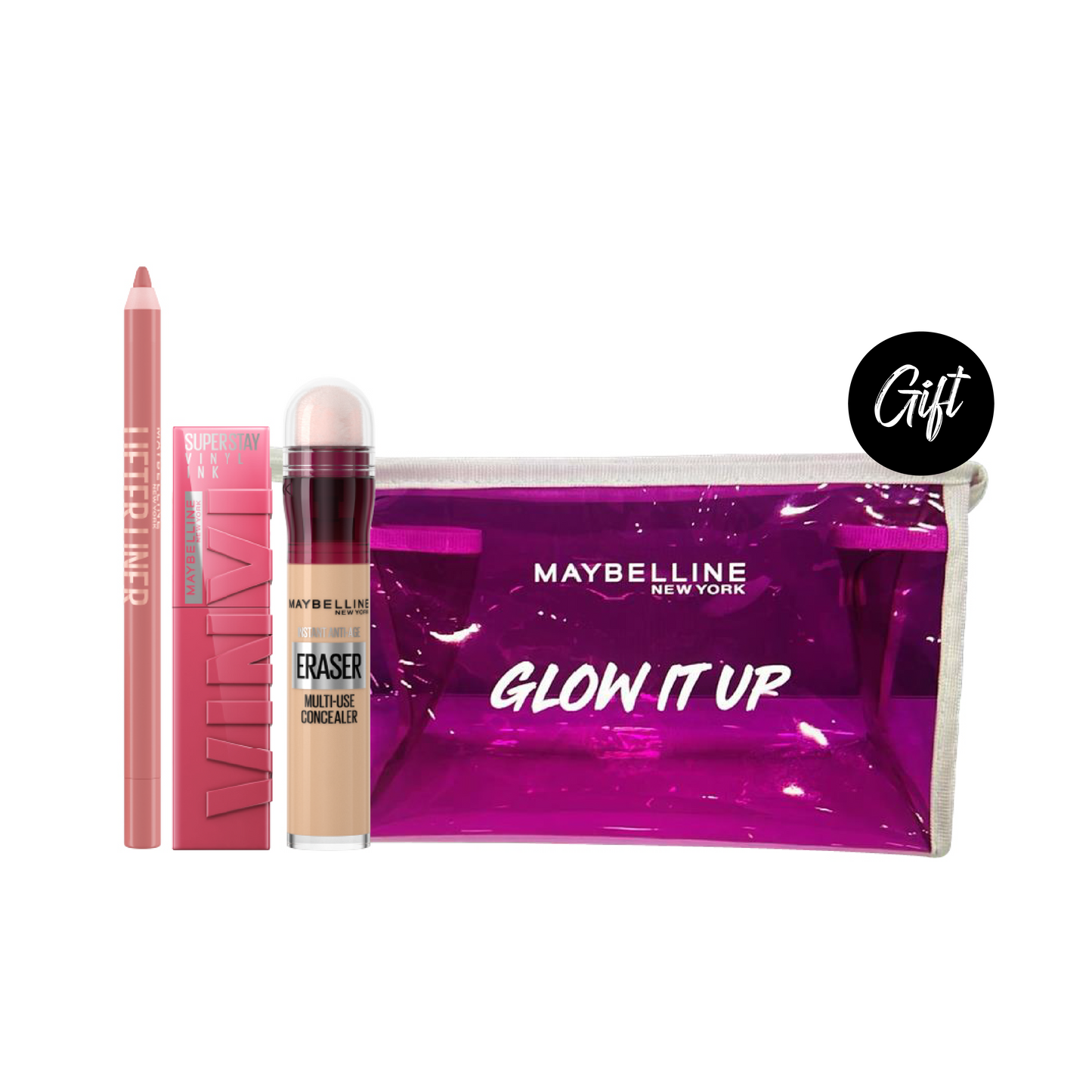 Maybelline Lifter Liner + Super Stay-Vinyl Ink Long Wear Liquid Lip Color + Eraser Concealer + Gift: Pouch