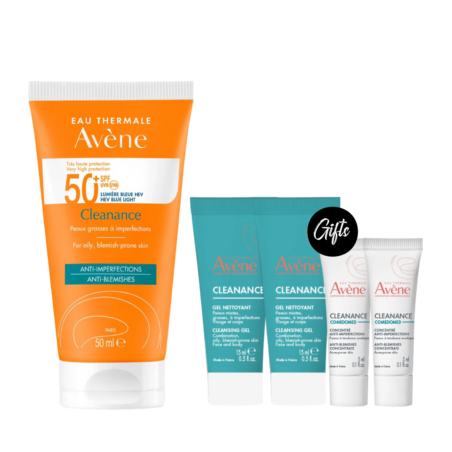 Avène Cleanance Sunscreen SPF 50+ 50 ML + Gifts: Avène Cleanance Cleansing Gel 15 ML (x2) + Cleanance Comedomed 5 ML (x2)