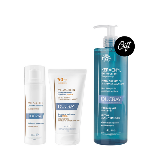 Ducray Melascreen Anti-Spots Concentrate 30ML + Ducray Melascreen UV Light Cream SPF 50+ 50 ML + Gift: Ducray Keracnyl Foaming Gel 400ML