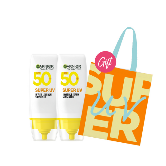 2x Garnier SkinActive Super UV Invisible Serum Sunscreen spf50+ 30ml + FREE Tote Bag
