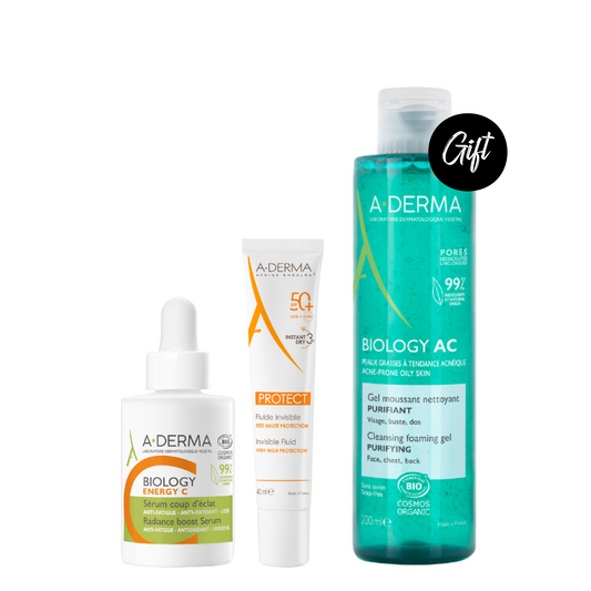 A-derma Biology Energy C Stabilized Vitamin C Serum 30 ML + A-Derma Protect Invisible Fluid Spf 50+ 40ML + Gift: A-derma Biology AC Purifying Foaming Gel 200ML