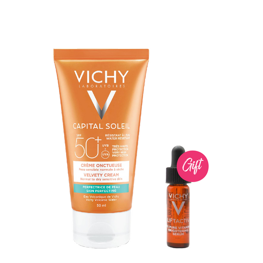 Vichy Capital Soleil Velvety Sunscreen SPF 50 50ml  + Gift: Vichy Liftactiv Vitamin C 16% Serum 4ml