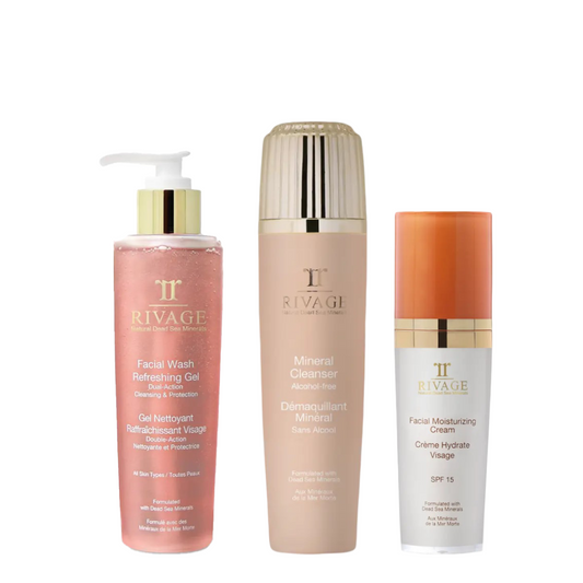 Rivage Facial Wash Refreshing Gel – Bottle 180ml + Rivage Mineral Cleanser / Démaquillant Minéral – 200ml + Rivage Facial Moisturizing Cream SPF 15 – 60 ML