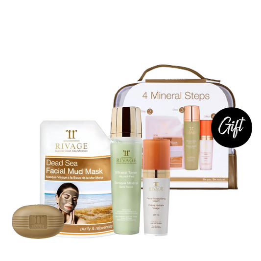 Rivage Black Mud Soap – 100g + Rivage Dead Sea Facial Mud Mask – 200g + Rivage Mineral Toner Alcohol Free – 200 ML + Rivage Facial Moisturizing Cream SPF 15 – 60 ML + Gift: Pouch
