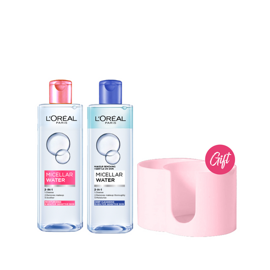 L’Oreal Paris Micellar Water 400ml For Normal to Dry Skin + L’Oreal Paris Micellar Water 400ml For Combination to Oily Skin + Gift: Cotton Pad Holder