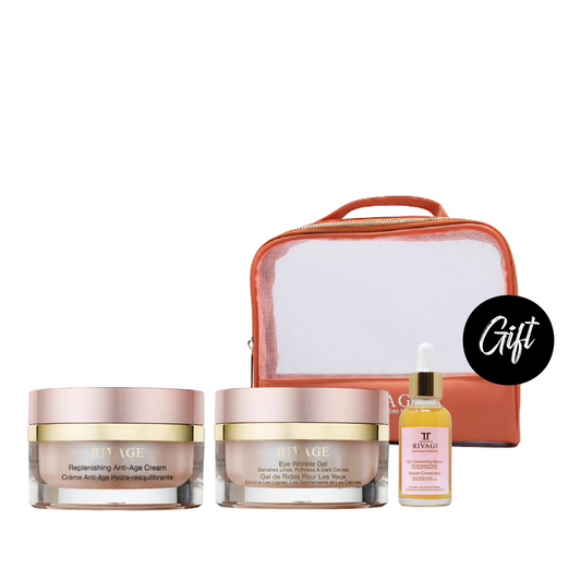 Rivage Replenishing Anti Age Cream 50 ML + Rivage Eye Wrinkle Gel - 30 ML + Rivage Skin Correcting Serum 30 ML + Gift: Pouch