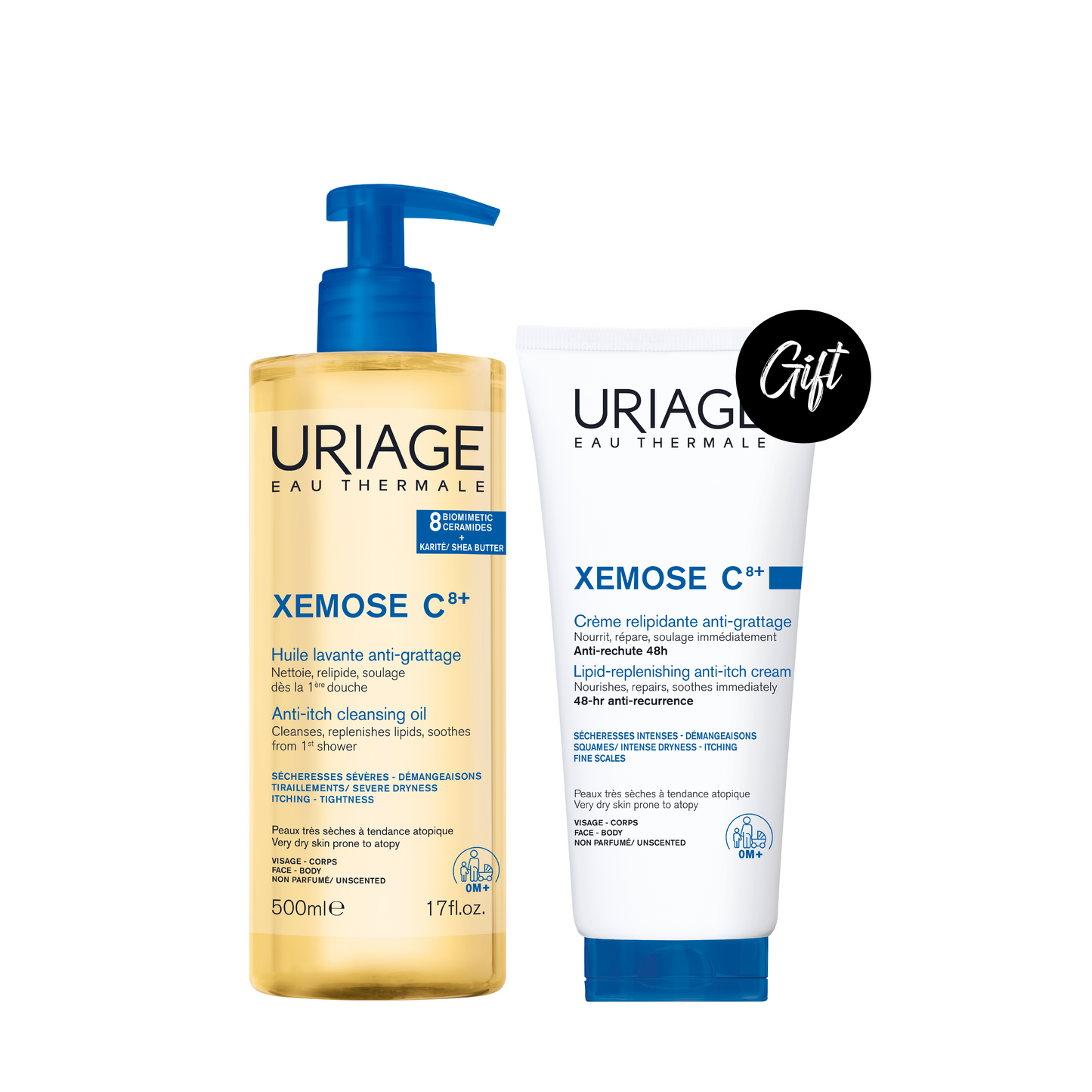 Uriage Xemose C8+ Anti-Itch Cleansing Oil 500 ML + Gift: Uriage Xémose Lipid-Replenishing Anti-Irritation Cream 200 ML