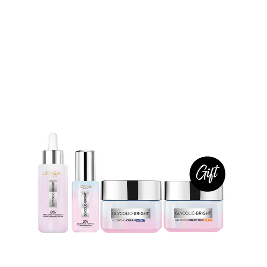 L’Oreal Paris Glycolic Bright Brightening Anti Dark Spot Serum 30 ML + Eye Serum 20 ML + Glowing Cream Night 50 ML + Gift: Glowing Day Cream SPF30 – 50 ML