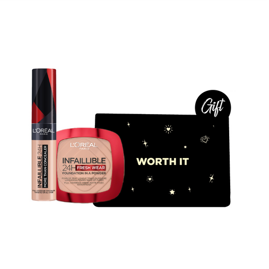 L’Oréal Paris Infaillible Full Wear Concealer + L'Oréal Paris - 24H FreshWear Foundation in a Powder + Gift: Pouch