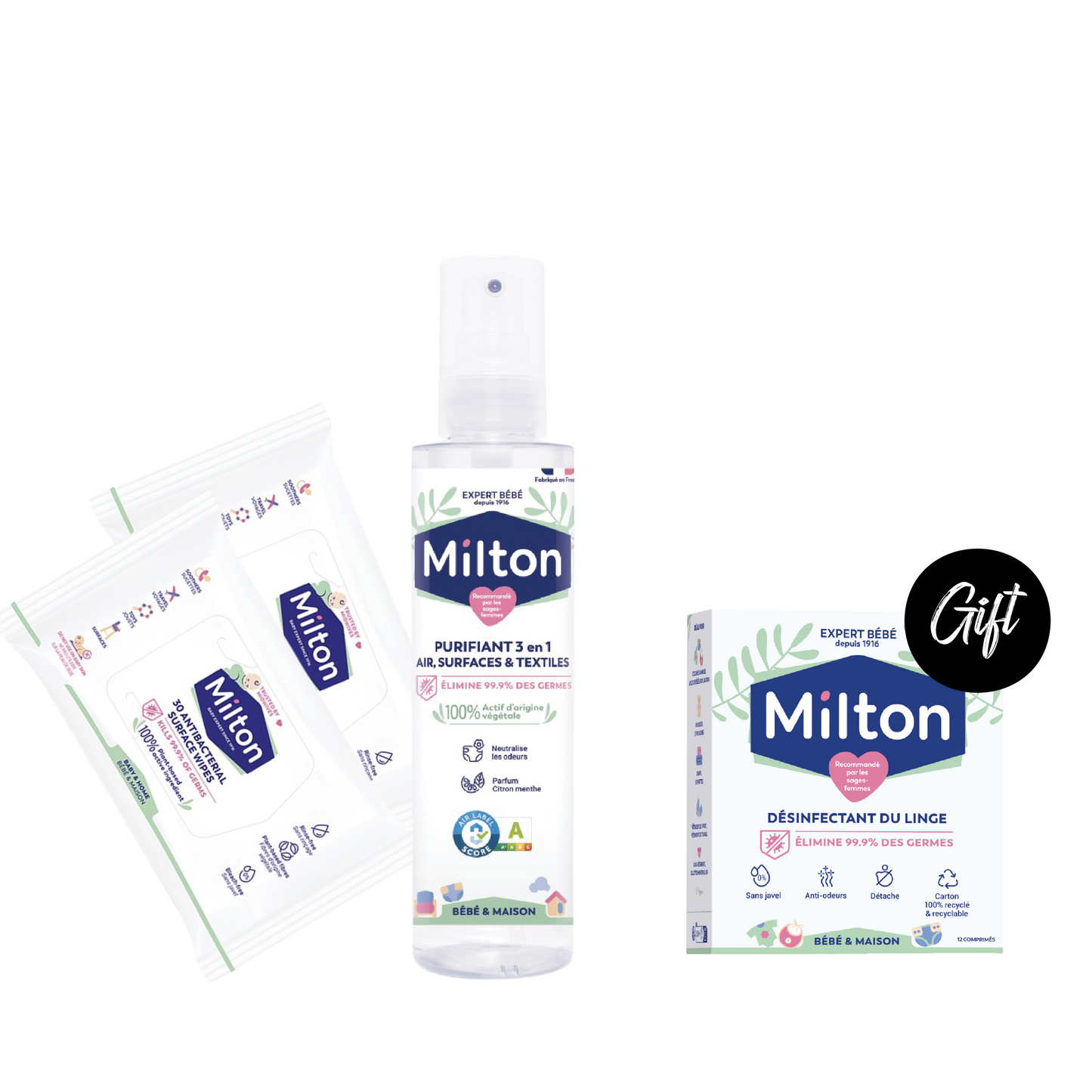 Milton Antibacterial Surface Wipes (x2) + Milton 3 in 1 Purifying Spray 200 ML + Gift: Milton Antibacterial Laundry Tablets - 12 Tablets