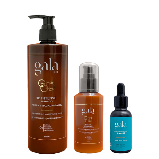 Gala Lab 3D Intense Shampoo + Thermo Protective Leave-in Hair Milk + Premium Moroccan Argan Oil