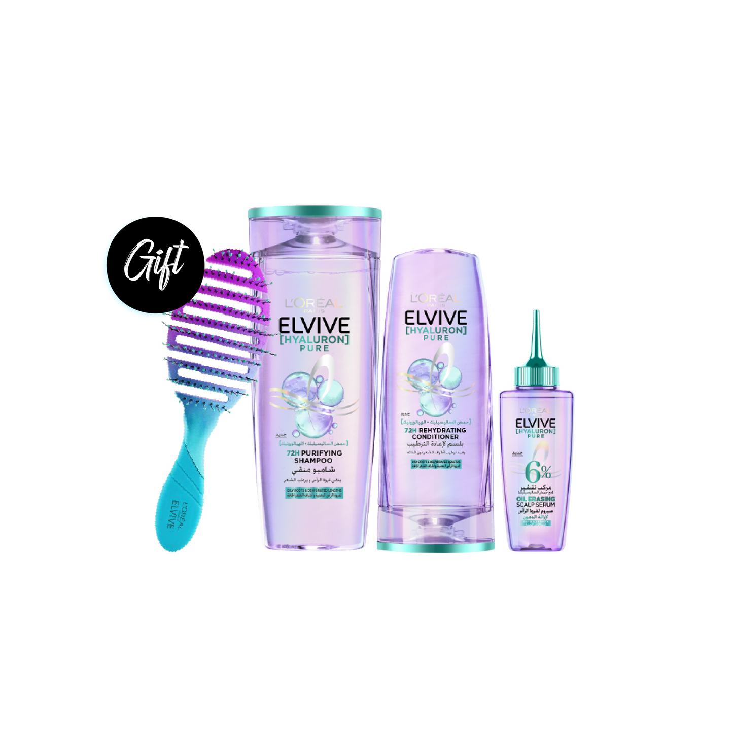 L’Oréal Paris Elvive Hyaluron Pure Purifying Shampoo 400 ML + L’Oréal Paris Elvive Hyaluron Pure Rehydrating Conditioner 200 ML+ L'Oréal Paris Elvive Hyaluron Pure Scalp Serum 102 ML+ Gift: Wet Brush